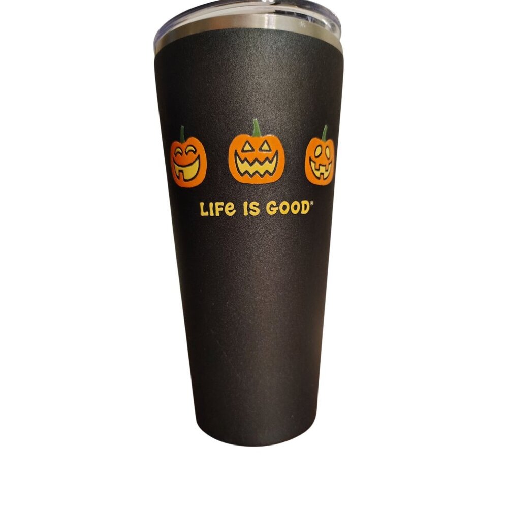 Life is Good Tumbler, Black, Orange Pumpkin Jack O Lantern, 25 oz. Halloween